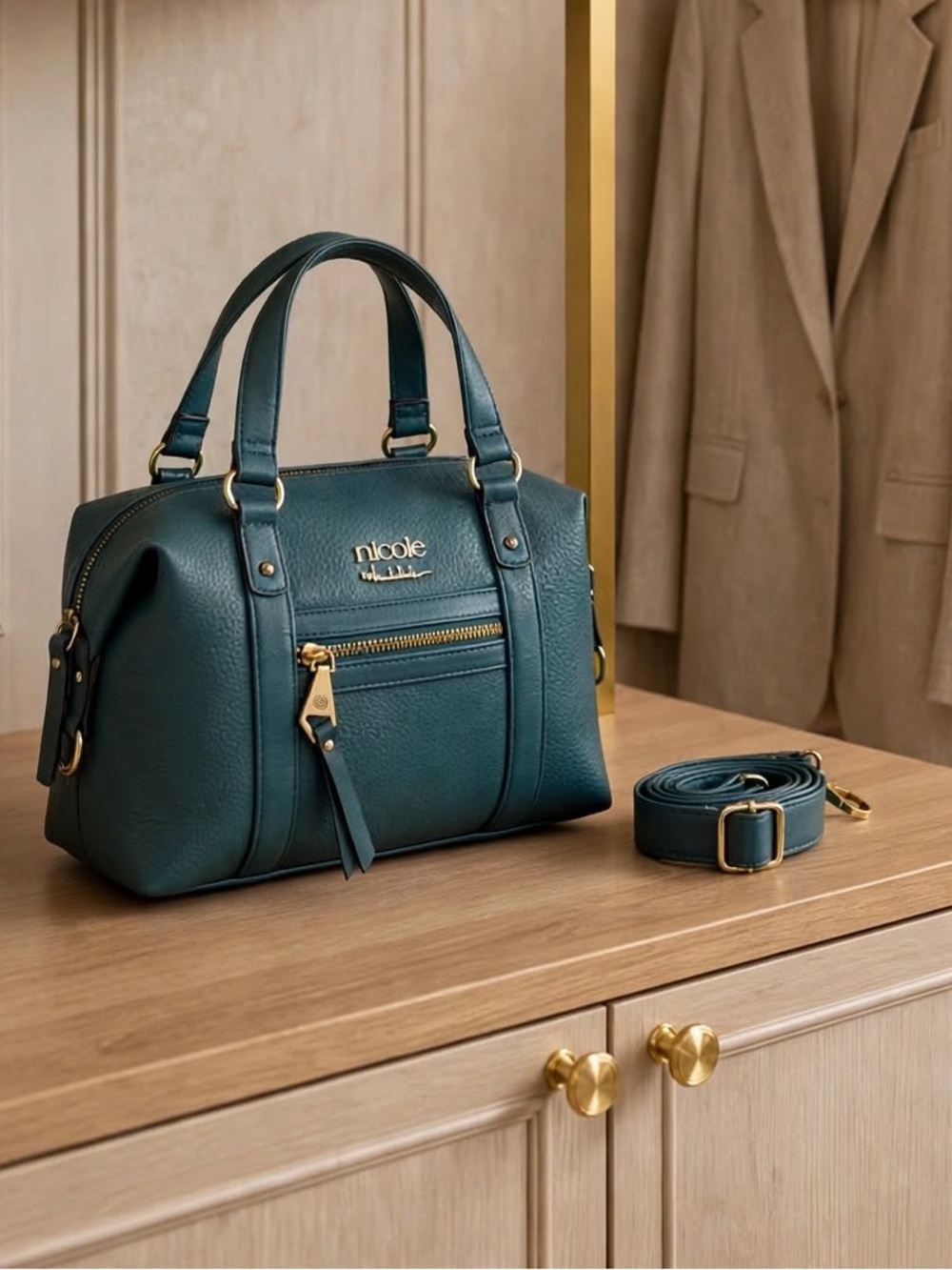 Nicole by Nicole Miller Teal/Turquiose Satchel Bag with Gold Hardware